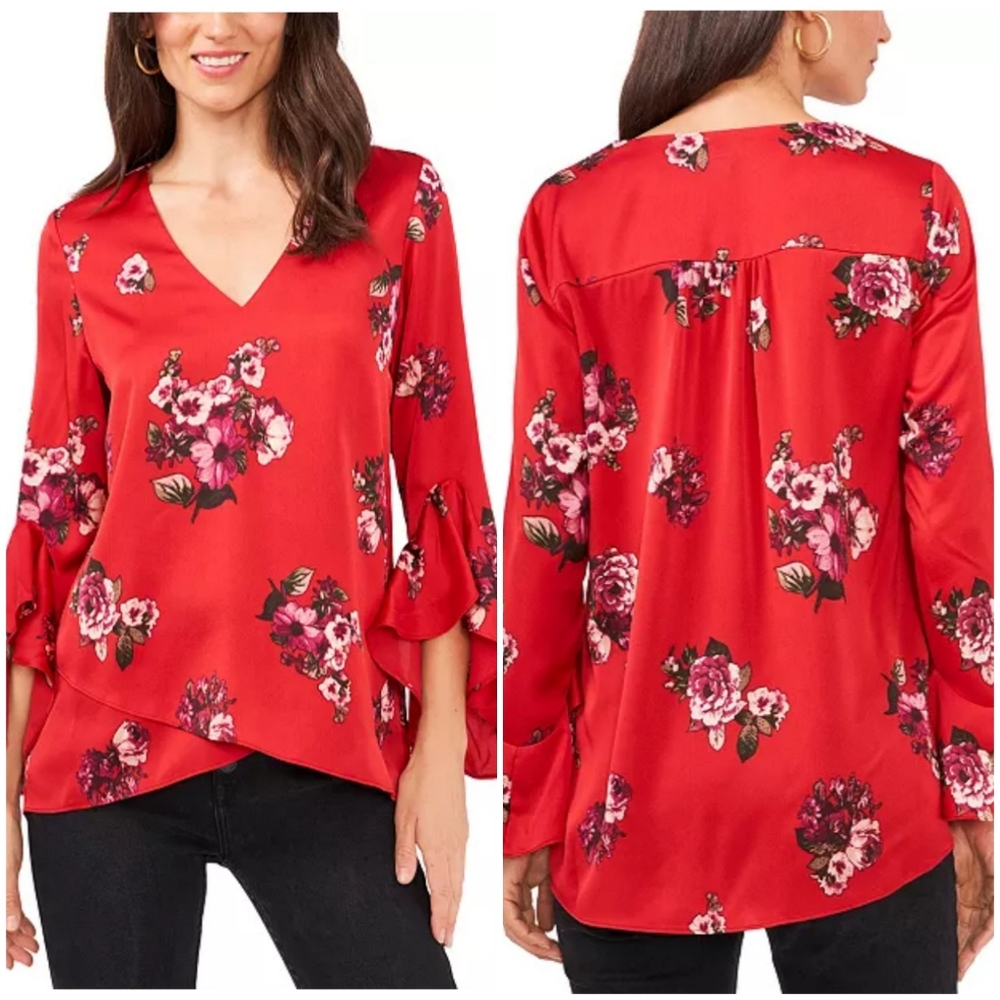 🆕️Vince Camuto Red Floral Flutter-Sleeve Tunic Blouse SZ XXS/XS